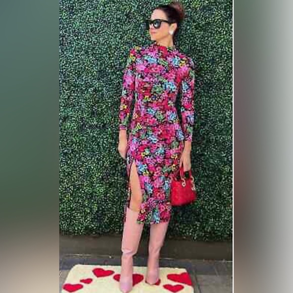 FUTURE COLLECTIVE Floral Long Sleeve Mock Neck Ruched Dress Kahlana B. Brown - Picture 2 of 11